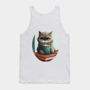 Funny Cat Drink Coffee And Reading Book Tank Top